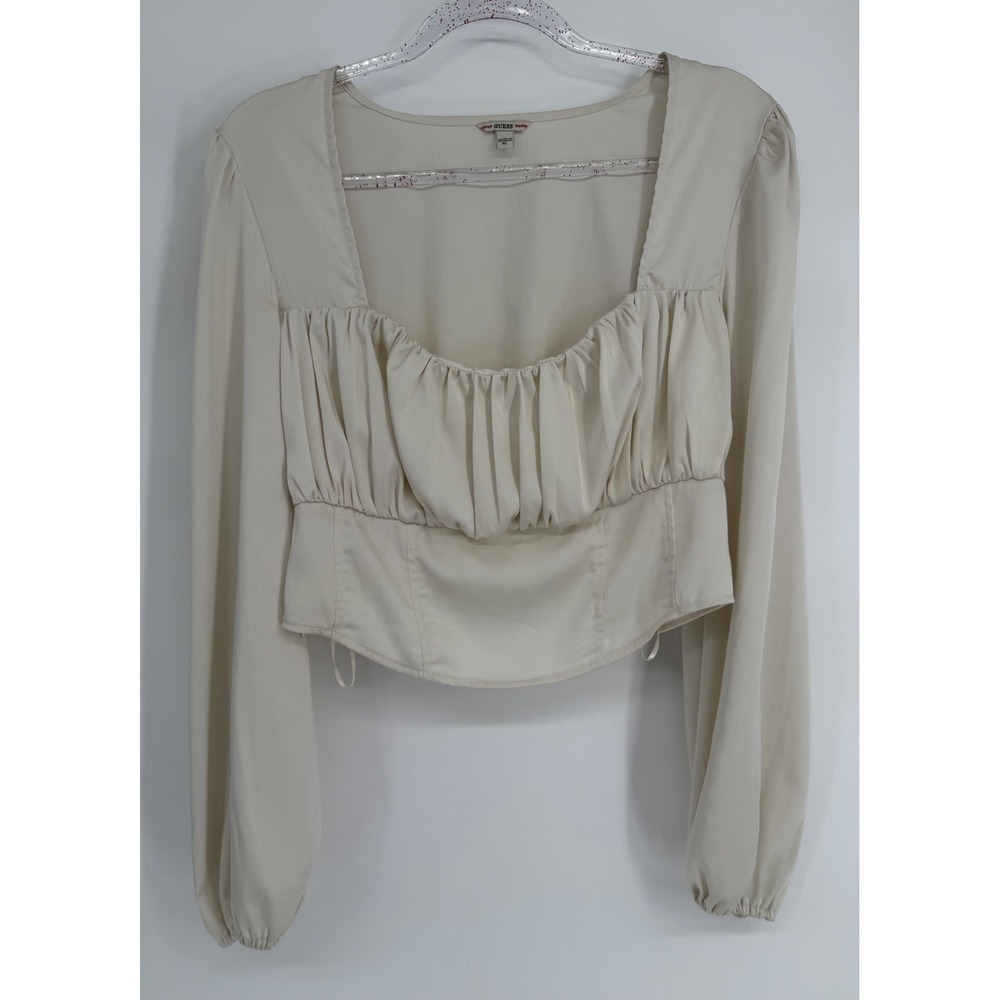 Guess Women Cream Satin Ruched Corset Blouse Long Sleeve Square Neck Sz XL